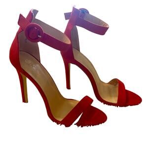 Red Open Toe Ankle Strap. 4.5” Heel, Size 9. Suede.